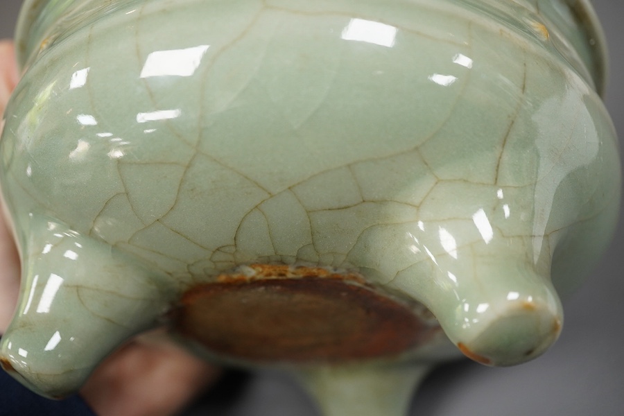 A Chinese Longquan celadon crackle glazed tripod censer, Ming dynasty or later